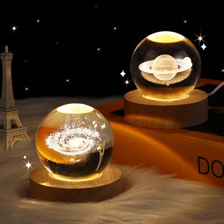 6cm With Warm Light Base 3D Laser Engraved Crystal Ball Night Light USB Glowing Glass Ball, Solar System, Saturn, Santa Claus, Moon, Earth