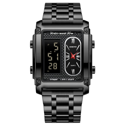 BINBOND B2311 30m Waterproof Men LED Luminous Multifunctional Quartz Watch, Black Steel-Black