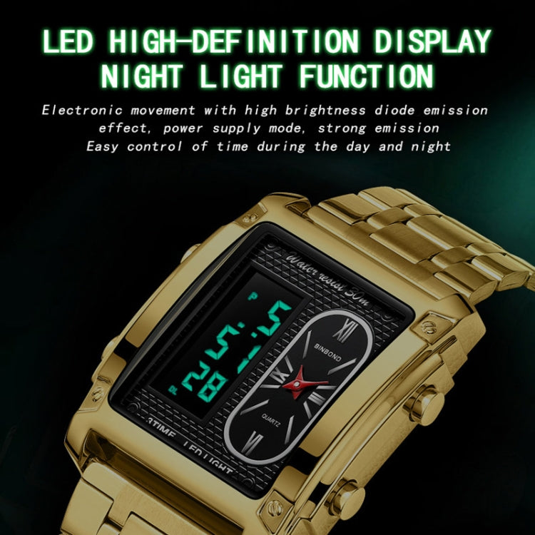 BINBOND B2311 30m Waterproof Men LED Luminous Multifunctional Quartz Watch, Black Steel-Black