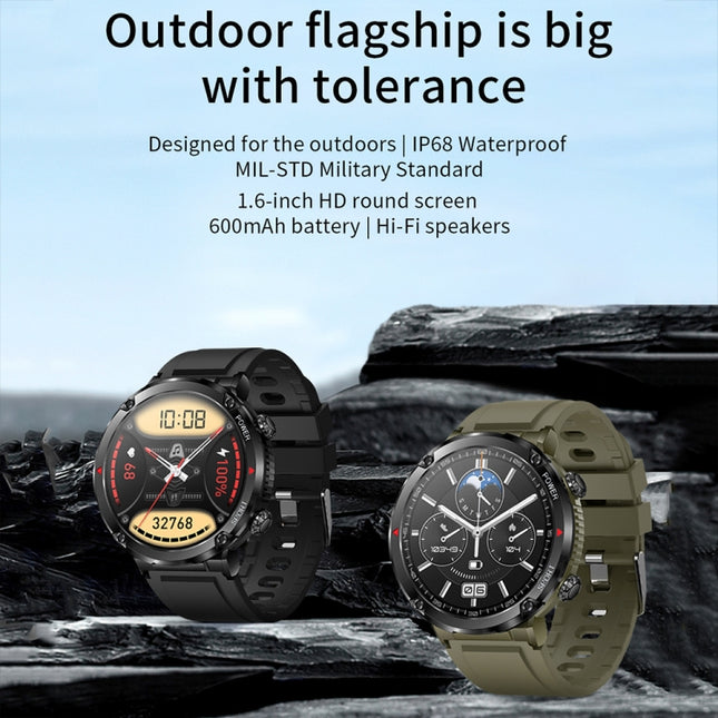 T30 1.6-inch Outdoor Sports Waterproof Smart Music Bluetooth Call Watch, Black, Dark Green, Black Steel+Silicone, Black Net+Silicone