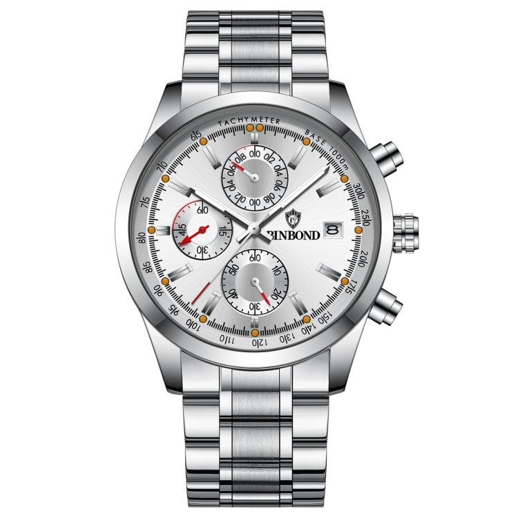BINBOND B6022 30m Waterproof Luminous Multifunctional Quartz Watch, Leather-White Steel-Black, Leather-White Steel-Blue, Leather-White Steel-Green, Leather-White Steel-White, Leather-Black Steel-Black, White Steel-Black, White Steel-Blue���������������...