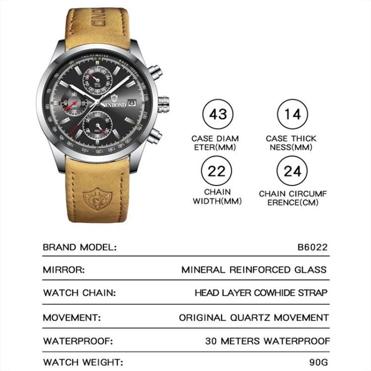 BINBOND B6022 30m Waterproof Luminous Multifunctional Quartz Watch, Leather-White Steel-Black, Leather-White Steel-Blue, Leather-White Steel-Green, Leather-White Steel-White, Leather-Black Steel-Black, White Steel-Black, White Steel-Blue���������������...