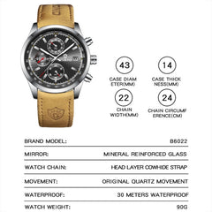 BINBOND B6022 30m Waterproof Luminous Multifunctional Quartz Watch, Leather-White Steel-Black, Leather-White Steel-Blue, Leather-White Steel-Green, Leather-White Steel-White, Leather-Black Steel-Black, White Steel-Black, White Steel-Blue���������������...