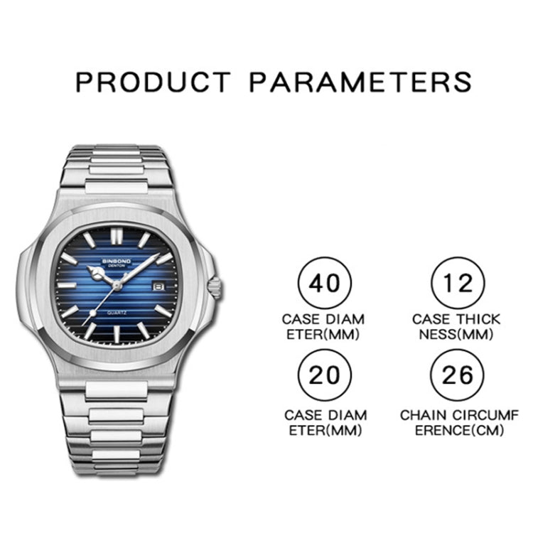 BINBOND B1885 30m Waterproof Retro Luminous Square Men Quartz Watch, White Steel-Blue, White Steel-Black, White Steel-White, White Steel-Green, Rose Gold-Blue, Rose Gold-Black, Rose Gold-White, Black Steel-Black-White, Black Steel-Blue-White