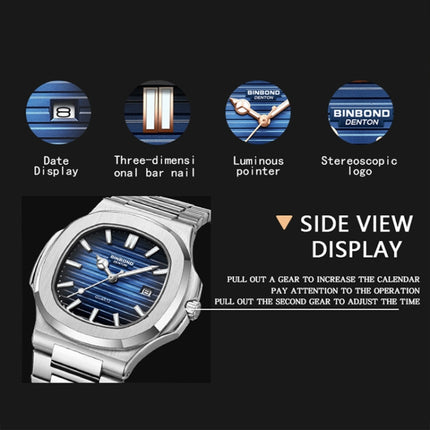 BINBOND B1885 30m Waterproof Retro Luminous Square Men Quartz Watch, Black Steel-Blue-White