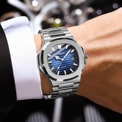 BINBOND B1885 30m Waterproof Retro Luminous Square Men Quartz Watch, Black Steel-Blue-White