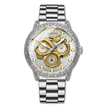 BINBOND B3030 Embossed Dragon Luminous Waterproof Quartz Watch, Full-gold Black, White Steel-White