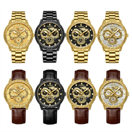 BINBOND B3030 Embossed Dragon Luminous Waterproof Quartz Watch, Full-gold Black, White Steel-White