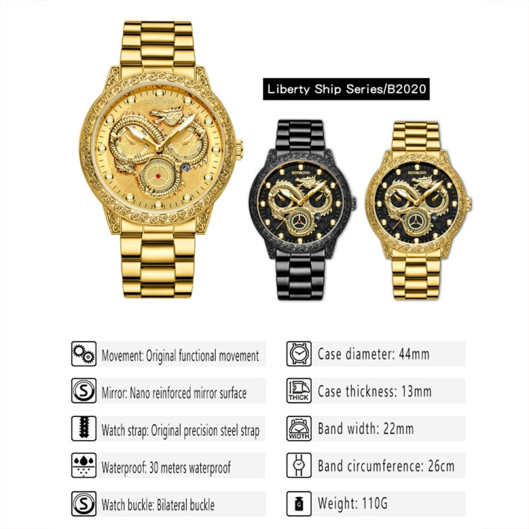 BINBOND B3030 Embossed Dragon Luminous Waterproof Quartz Watch