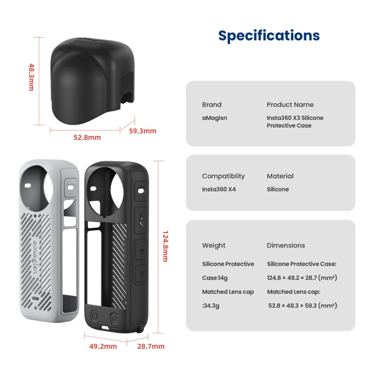 For Insta360 X4 AMagisn Silicone Protective Cover, Body Case + Lens Cover Black, Lens Cover Gray