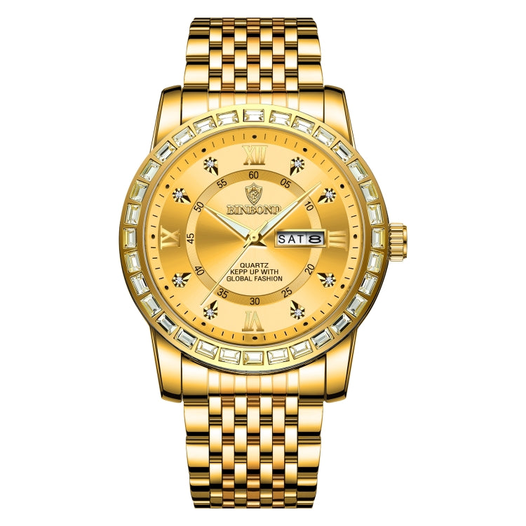 BINBOND B2202 Diamond Dual-calendar Luminous Quartz Watch, Inter-gold-Blue, Inter-gold-Green, Inter-gold-Black, Inter-gold-White, Full-gold-Gold, Full-gold-Black, White Steel-Blue, White Steel-Black, White Steel-White, Black Steel-Black-White Nail