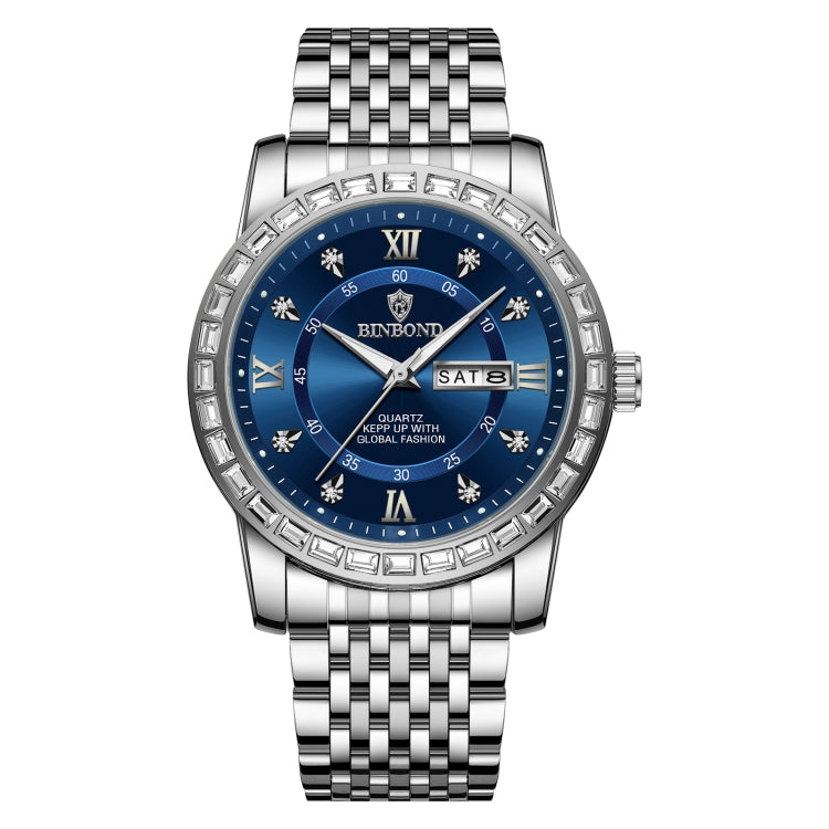 BINBOND B2202 Diamond Dual-calendar Luminous Quartz Watch, Inter-gold-Blue, Inter-gold-Green, Inter-gold-Black, Inter-gold-White, Full-gold-Gold, Full-gold-Black, White Steel-Blue, White Steel-Black, White Steel-White, Black Steel-Black-White Nail