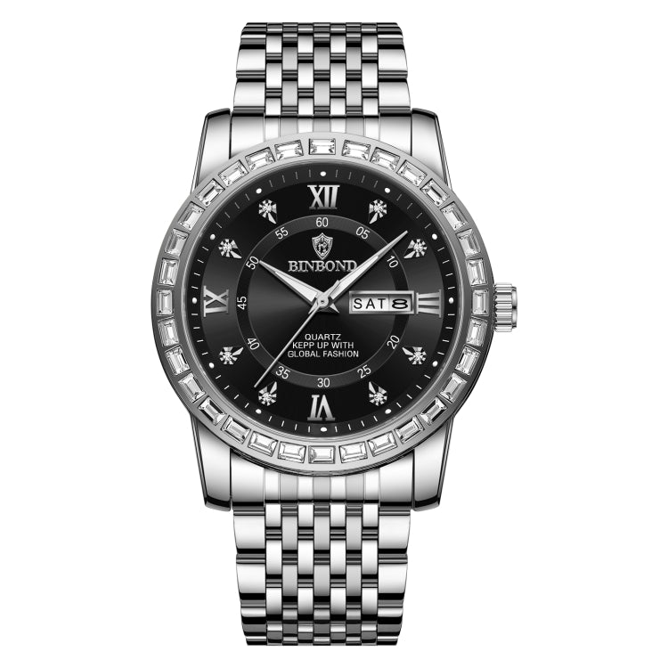 BINBOND B2202 Diamond Dual-calendar Luminous Quartz Watch, Inter-gold-Blue, Inter-gold-Green, Inter-gold-Black, Inter-gold-White, Full-gold-Gold, Full-gold-Black, White Steel-Blue, White Steel-Black, White Steel-White, Black Steel-Black-White Nail