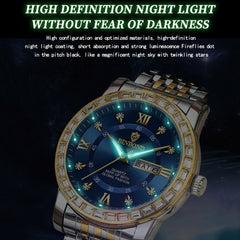 BINBOND B2202 Diamond Dual-calendar Luminous Quartz Watch, Inter-gold-Blue, Inter-gold-Green, Inter-gold-Black, Inter-gold-White, Full-gold-Gold, Full-gold-Black, White Steel-Blue, White Steel-Black, White Steel-White, Black Steel-Black-White Nail