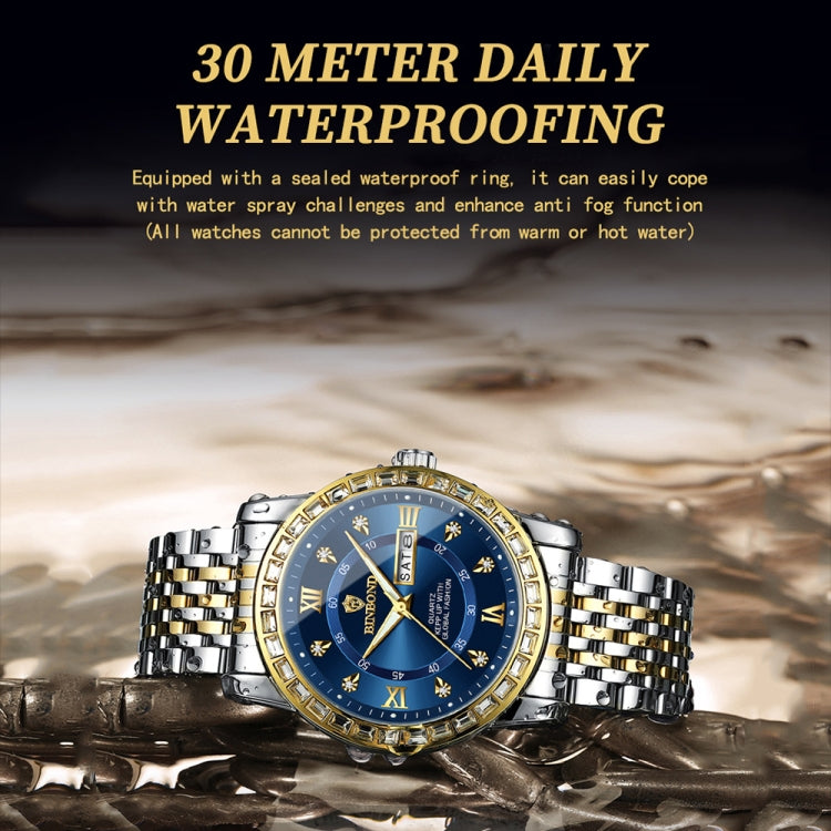 BINBOND B2202 Diamond Dual-calendar Luminous Quartz Watch, Inter-gold-Blue, Inter-gold-Green, Inter-gold-Black, Inter-gold-White, Full-gold-Gold, Full-gold-Black, White Steel-Blue, White Steel-Black, White Steel-White, Black Steel-Black-White Nail
