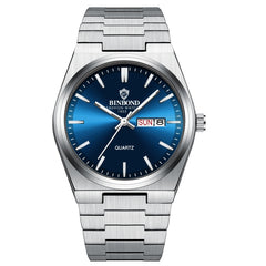 BINBOND B102 Dual-calendar Leisure Waterproof Luminous Quartz Watch, White Steel-Blue, White Steel-Green