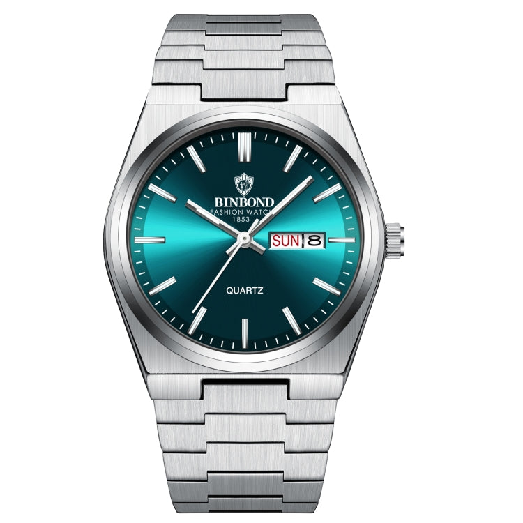 BINBOND B102 Dual-calendar Leisure Waterproof Luminous Quartz Watch, White Steel-Blue, White Steel-Green