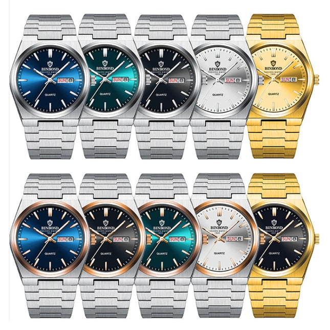 BINBOND B102 Dual-calendar Leisure Waterproof Luminous Quartz Watch, White Steel-Blue, White Steel-Green