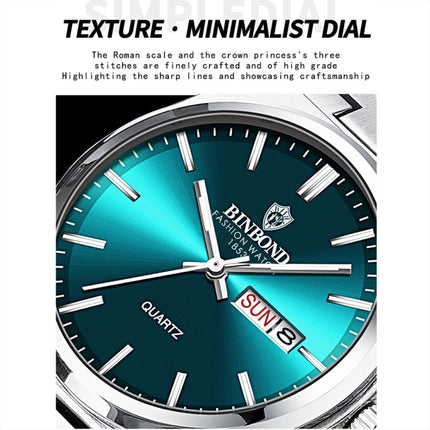 BINBOND B102 Dual-calendar Leisure Waterproof Luminous Quartz Watch, White Steel-Blue, White Steel-Green