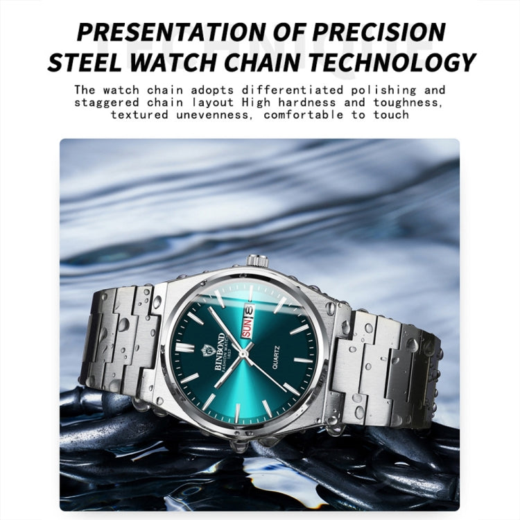 BINBOND B102 Dual-calendar Leisure Waterproof Luminous Quartz Watch, White Steel-Blue, White Steel-Green