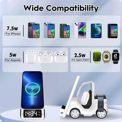 T20 5-in-1 Car-shaped Desktop Alarm Clock Wireless Charger with Atmosphere Light, White, Gray, Yellow, Orange