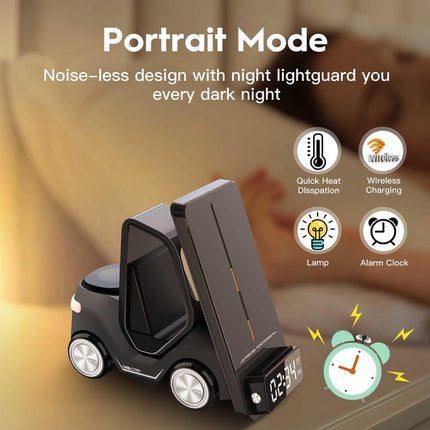T20 5-in-1 Car-shaped Desktop Alarm Clock Wireless Charger with Atmosphere Light, White, Gray, Yellow, Orange