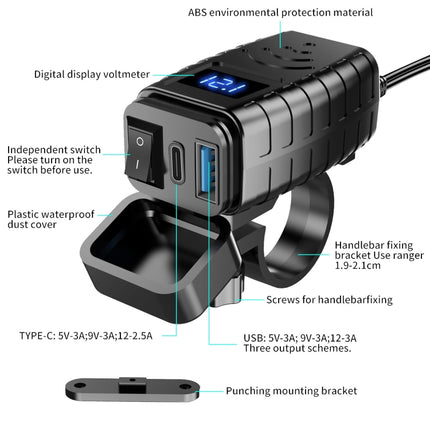 PD3.0 Motorcycle USB Mobile Phone Charger Digital Voltage Meter with Switch, Blue Screen, Red Screen, Green Screen