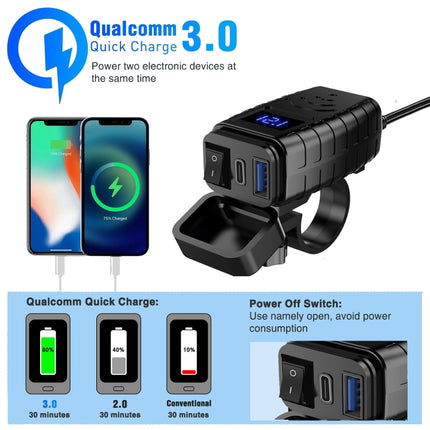 PD3.0 Motorcycle USB Mobile Phone Charger Digital Voltage Meter with Switch, Blue Screen, Red Screen, Green Screen