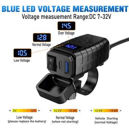 PD3.0 Motorcycle USB Mobile Phone Charger Digital Voltage Meter with Switch, Blue Screen, Red Screen, Green Screen