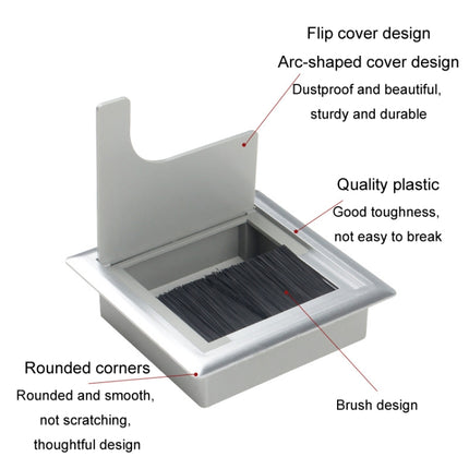 ABS Table Rectangle Wire Hole Cover Outlet Port With Brush PC Desk Cable Organizer, 80x80mm Black, 80x80mm Silver, 80x160mm Black, 80x160mm Silver, 80x160mm White, 100x200mm Silver