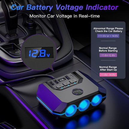 Car Cigarette Lighter One To Three With Switch Voltage Display, TR52
