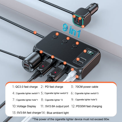 C29 9 In 1 Car Cigarette Lighter Powerful Fast Charger With Voltage Display, C29