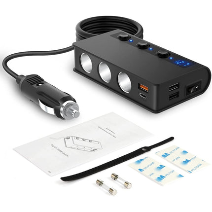 TR24 Car Cigarette Lighter One To Three With Switch 180W High Power Fast Charger, TR24(Black PD Version)