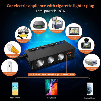 TR24 Car Cigarette Lighter One To Three With Switch 180W High Power Fast Charger, TR24(Black PD Version)