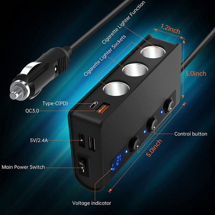 TR24 Car Cigarette Lighter One To Three With Switch 180W High Power Fast Charger, TR24(Black PD Version)