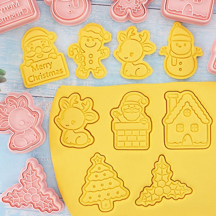 Christmas Biscuit Molds Cartoon 3D Pressing Fondant Cake Cookie Cutting Molds, 8pcs /Set