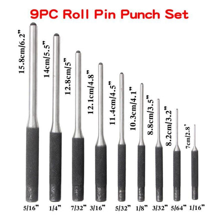 9-in-1 Heavy Duty Roll Pin Punch Set Round Punch Removal Tools, Canvas Packaging, with Hammer