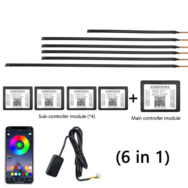 Car Hidden Acrylic LED Colorful Decorative Atmosphere Light Strip, 6 in 1, 10 in 1, 14 in 1, 18 in 1, 22 in 1