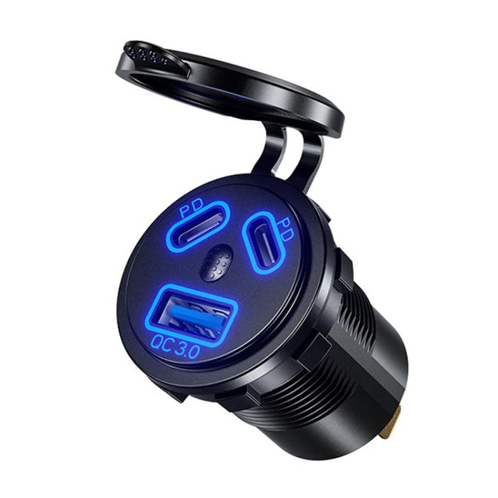 Kewig P22A 12-24V Vehicle Motorcycle Boat Modified Dual PD+QC3.0 3-Port Car Charger With Switch, With Terminal