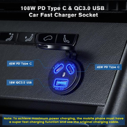 Kewig P22A 12-24V Vehicle Motorcycle Boat Modified Dual PD+QC3.0 3-Port Car Charger With Switch, With Terminal