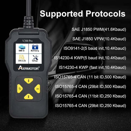 AERMOTOR V200PRO Car Troubleshooter Engine Inspection Scanner Readout Card ELM327 Battery Inspection Tool