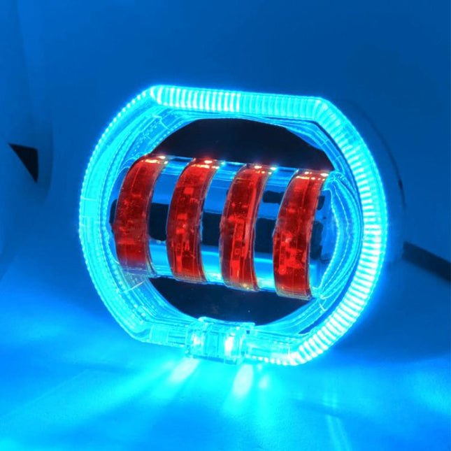 Motorcycle Electric Vehicle General Modification LED Headlight 4 Beads Double Lens Lamps, White Aperture+Red Devil Eye, Red Aperture+Red Devil Eye, Blue Aperture+Red Devil Eye, Ice Blue Aperture+Red Devil Eye, Green Aperture+Red Devil Eye              ...
