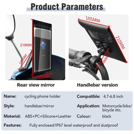 Bicycle Waterproof Phone Bag Mount Stand 360 Degree Rotation Motorcycle Bike Cellphone Holder, Handlebar Model, Rearview Mirror Model