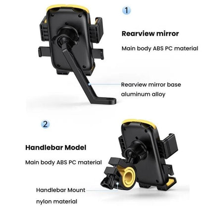 Bicycle and Motorcycle Phone Holder with Hidden Silicone Strap, Handbar, Rearview Mirror
