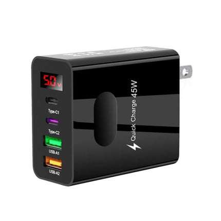 2 USB+2 Type-C Digital Display Mobile Phone Multi-port Charger, EU Plug Black, US Plug Black, UK Plug Black, EU Plug White, US Plug White, UK Plug White