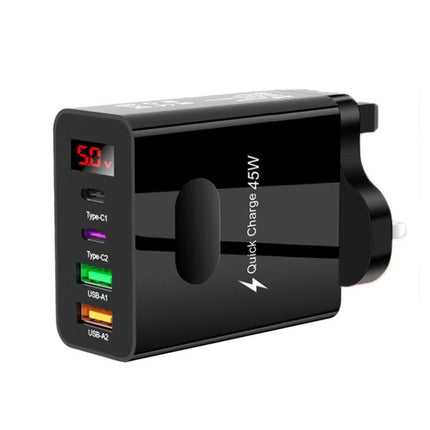 2 USB+2 Type-C Digital Display Mobile Phone Multi-port Charger, EU Plug Black, US Plug Black, UK Plug Black, EU Plug White, US Plug White, UK Plug White