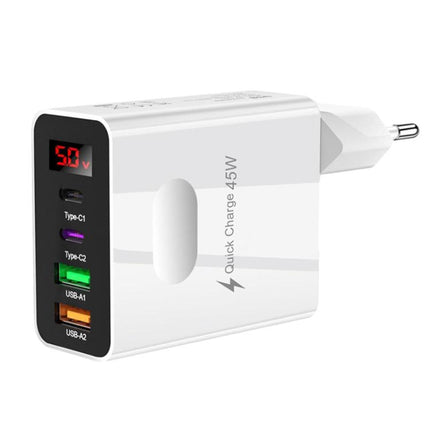 2 USB+2 Type-C Digital Display Mobile Phone Multi-port Charger, EU Plug Black, US Plug Black, UK Plug Black, EU Plug White, US Plug White, UK Plug White
