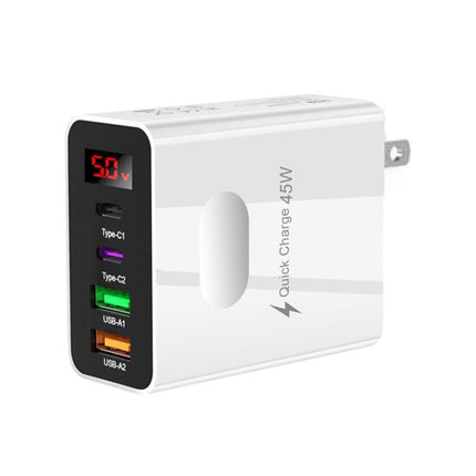 2 USB+2 Type-C Digital Display Mobile Phone Multi-port Charger, EU Plug Black, US Plug Black, UK Plug Black, EU Plug White, US Plug White, UK Plug White