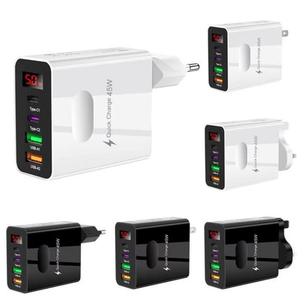 2 USB+2 Type-C Digital Display Mobile Phone Multi-port Charger, EU Plug Black, US Plug Black, UK Plug Black, EU Plug White, US Plug White, UK Plug White