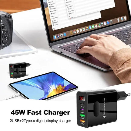 2 USB+2 Type-C Digital Display Mobile Phone Multi-port Charger, EU Plug Black, US Plug Black, UK Plug Black, EU Plug White, US Plug White, UK Plug White